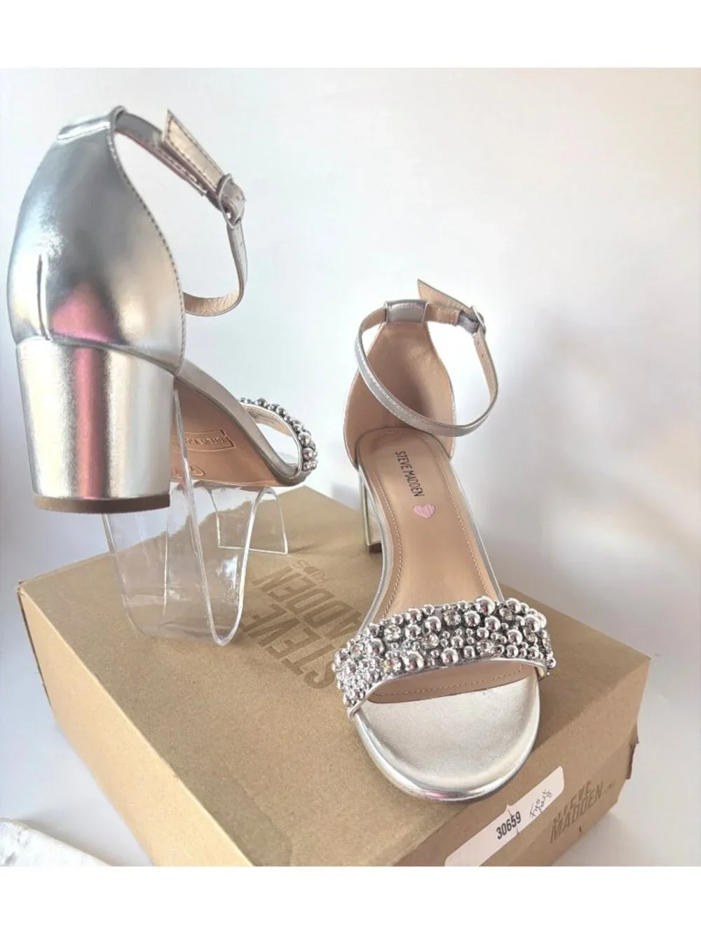 Steve Madden JCarrson Silver Beads Sandals Girls Low Block Heel Big Kid Size 7